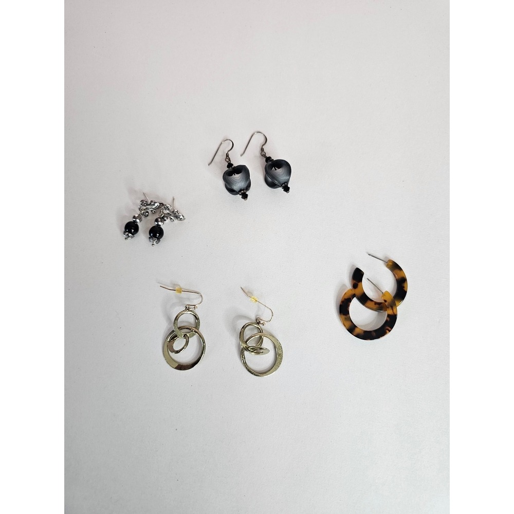 Vintage Style Earring Lot 4 Pairs Tortoise Hoops‎ Silver Tone Drops Black Beads